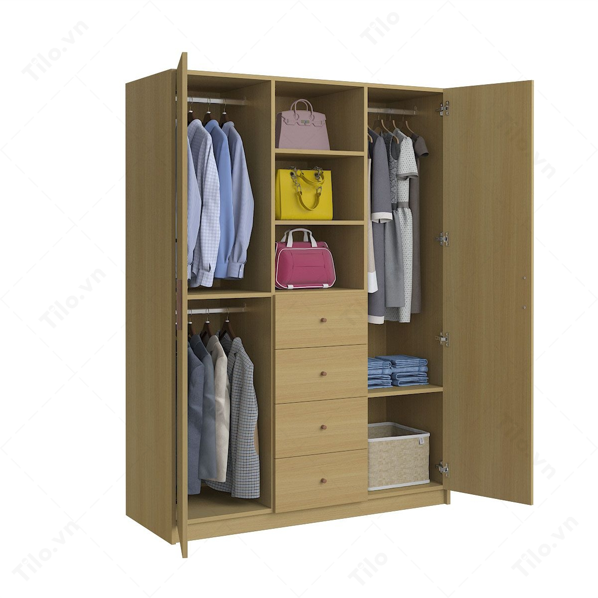 Mẫu tủ quần áo 3 cánh đối xứng kèm ngăn kéo và kệ mở